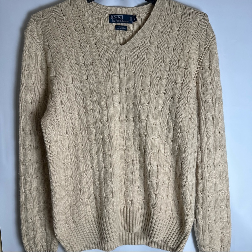 Vintage Ralph Lauren V-Neck Cable Knit Sweater in Beige